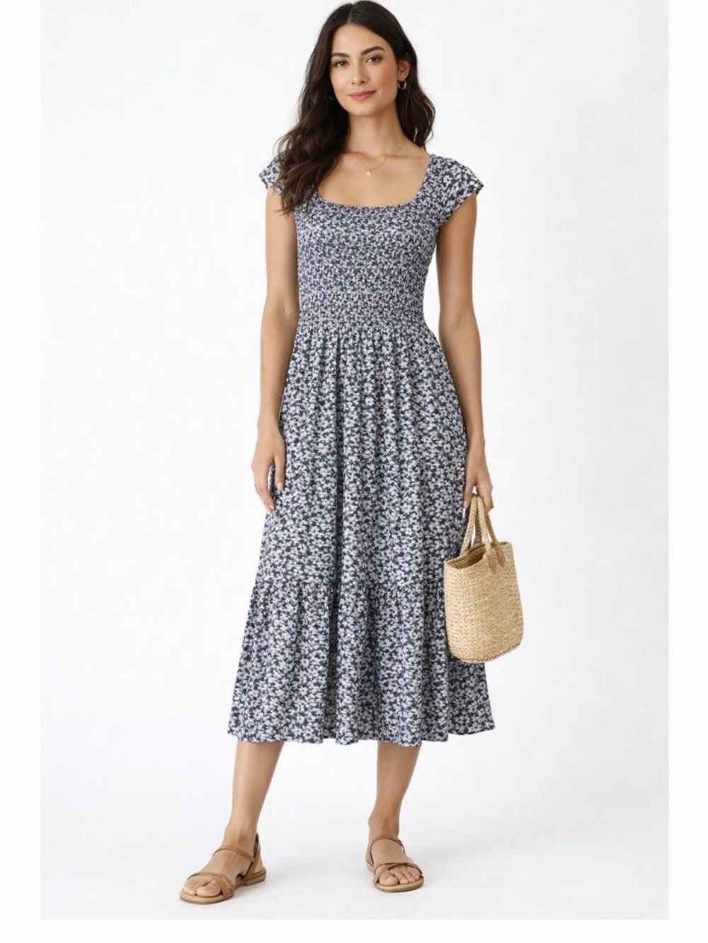 NWOT$148 Nation LTD Anthropologie Smocked Tiered Floral Midi Dress, 💯 Cotton, S